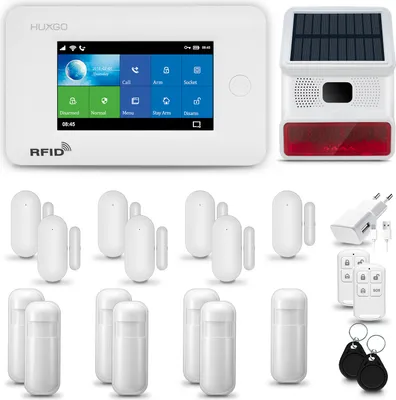 Produktbild von HUXGO HXA006 Alarmanlage Haus WiFi + GSM 4G LTE mit Funk Sirene, Alarm System mit 7x Bewegungssensor und 7x Tür- Fenstersensor, Alarmanlage für Wohnung, Haus, Garage, Tuya Smartlife App