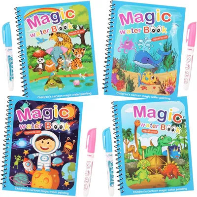Zdjęcie produktu dla Zestaw 4 książeczek do kolorowania wodą, dla dzieci, magiczna książeczka z wodnym długopisem, wielokrotnego użytku. Magiczna książeczka do kolorowania wodą, dla dzieci, chłopców i dziewczynek, idealna dla maluchów