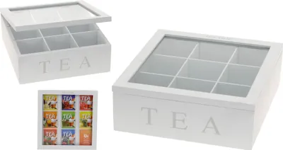 Produktbild von mucHome Teebox aus Holz in Weiß mit 9 Fächern Teekasten Teebeutelbox Teekiste