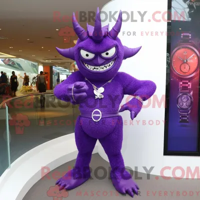 Immagine prodotto di Personaggio mascotte REDBROKOLY del diavolo viola vestito con un costume da bagno intero e orologi con braccialetto
