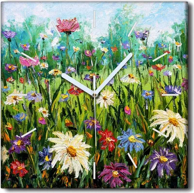 Produktbild von Coloray Uhr auf Leinwand 30x30 cm Wand Uhr Dekoration Wohnzimmer Segeltuch weiße Zeiger -Blumenwiesenfeld.