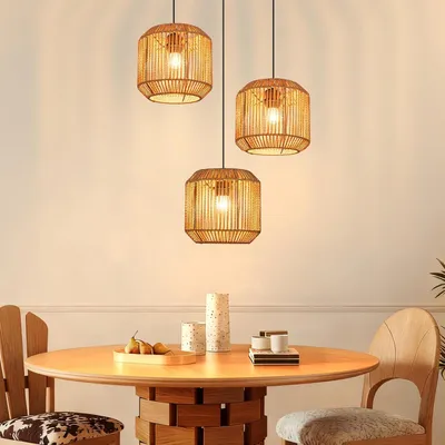 Image de ZMH Lampe à suspendre Boho Lampe à suspendre en rotin Réglable en hauteur 3 flammes Lampe de table à manger avec douille E27 pour chambre à coucher Sans ampoules
