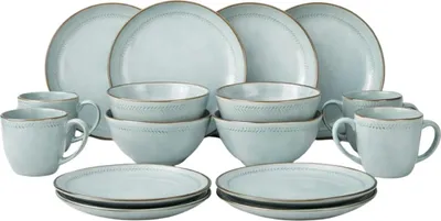 Produktbild von Mica Decorations Racco Geschirrset für 4 Personen – Frühstücksteller, Schüssel, Kaffeebecher und Speiseteller – Teller Set Steingut Geschirr – Spülmaschinenfestes Geschirrset – Hellgrau