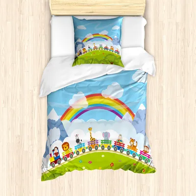 Produktbild von ABAKUHAUS Kindergarten Mantele, Cartoon-Bahnzug, Milbensicher Allergiker geeignet mit Kissenbezügen, 135 cm x 200 cm - 80 x 80 cm, Mehrfarbig