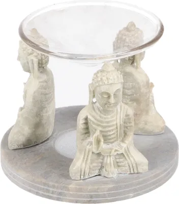 Produktbild von Indische Duftlampe, ätherisches Öl Diffusor, Teelicht Halter für Aromatherapie, Aromalampe aus Speckstein mit Glasteller - Buddha, Grau, Keramik, 11*9*9 cm, Duftlampen & Öllampen