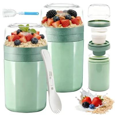 Produktbild von Müslibecher To Go - Auslaufsicher mit Löffel und Soßenbox - 2er Set - 520+50+250ml