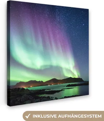 Produktbild von MuchoWow® - Leinwandbilder - Nordlicht - Grün - Lila - Sternenhimmel - See - Berg, Wandbild, Wanddeko Bilder Wohnzimmer, 50x50 cm