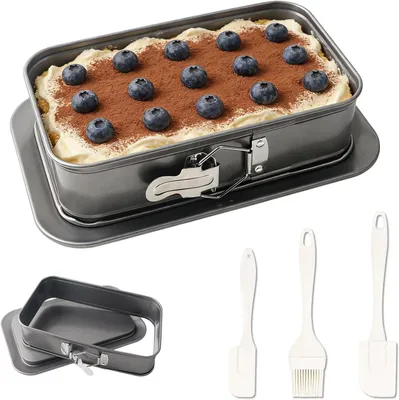 Produktbild von Backform Set rechteckig, antihaftbeschichtet, mit Servierbasis, 3 Silikonschaber, für Kuchen und Desserts