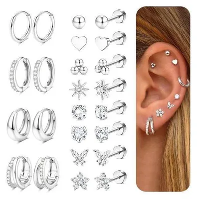 Produktbild von 12 Paar Ohrringe Set Damen, 316L Chirurgenstahl, Medizinische Ohrstecker & Creolen, Helix Tragus Piercing, Silber-Classic
