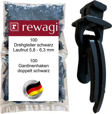 Produktbild von rewagi 100 Drehgleiter PIR schwarz & 100 Gardinenhaken doppelt schwarz, für Gardinenschiene, Überklipshaken, Faltenlegehaken. Laufnut 5,8 - 6,3 mm