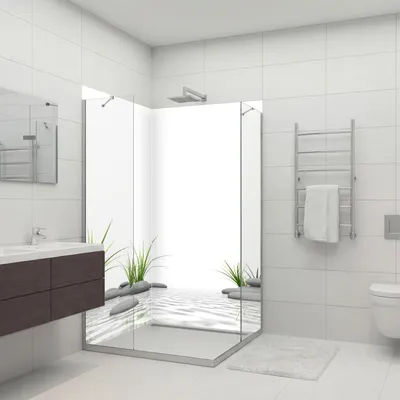 Produktbild von dedeco Eck-Duschrückwände Aluminium wasserfest Motiv: Zen V1, 2 x 80x210x0,3cm, Fliesenersatz fugenlos Wandverkleidung Wandpaneele,  Germany