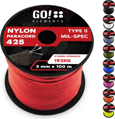 Produktbild von GO!elements 100m Paracord Seil aus reißfestem Nylon - 3mm Paracord 425 Typ II max. 192kg - Schnüre als Outdoor Seil, Allzweckseil, Survival Seil, Armband, Hundeleine, Nylonschnur, Farbe: Rot