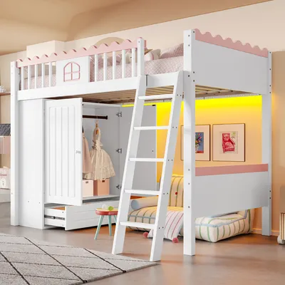 A child's loft bed with a wardrobe and a small sofa underneath, set in a bedroom.
