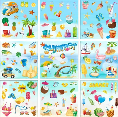 Produktbild von Sommerliche Fensteraufkleber, selbstklebend, Hawaii-Motiv, 9 Blatt, wiederverwendbar, mit Strand- und Poolzwerg zur Fensterdekoration