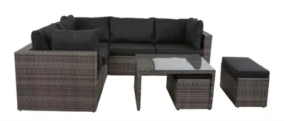 Produktbild von Lounge-Set Gartenmöbel Ecksofa Sitzgruppe LUGO STONE Polyrattan Grau 5-Sitzer + Tisch