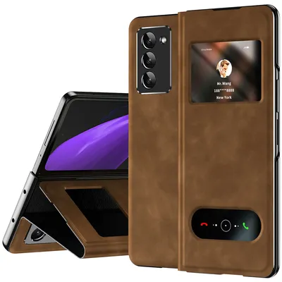 Obrázek produktu pro Slim flipové kožené pouzdro pro Samsung Galaxy Z Fold 2 5G, s okénkem pro zobrazení a funkcí stojánku Hnědý