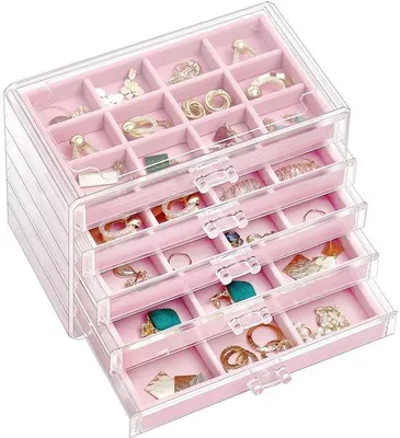 Image de Boîte à bijoux Ibenzoa® en acrylique transparent – rangement transparent avec 5 compartiments amovibles, empilables, dimensions : 23,5 x 13,5 x 17 cm