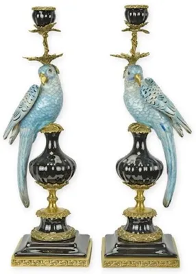Produktbild von Casa Padrino Jugendstil Kerzenhalter Set Papageien Blau / Schwarz / Messing 16,1 x 12,8 x H. 48 cm - Porzellan Kerzenständer - Hotel & Restaurant Accessoires - Barock & Jugendstil Deko Accessoires