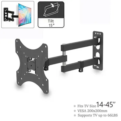 Image de Support mural inclinable et pivotant pour téléviseur de 14 à 55 pouces. Support en acier, compatible avec les écrans LED et LCD de 14 à 55 pouces. Dimensions VESA : 200 mm x 200 mm. Couleur : noir