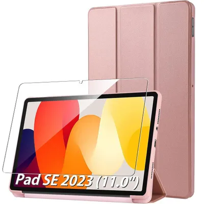 Image de Coque + Verre Trempé pour Xiaomi Redmi Pad SE 11 Pouces, Etui Housse Rose Antichoc Fonction Support