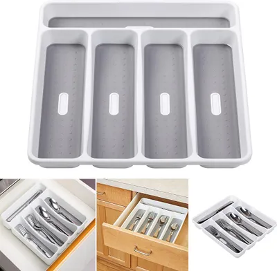 Image de organisateur de couverts à 5 compartiments Plastique Couteau Fourchette Rangement Plateau à couverts