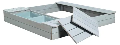 Obrázok produktu pre roba Pieskovisko Outdoor+ s 2 hracími vaničkami, drevené pieskovisko z masívneho dreva odolného voči poveternostným vplyvom, lakované na sivo