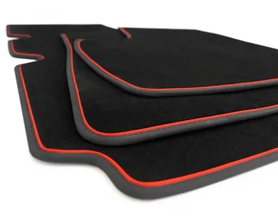 Produktbild von Fußmatten Tesla Model S Premium Autoteppich Velours Matten Set 3-teilig, Zierstreifen in Rot
