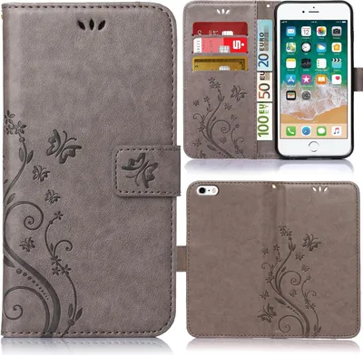 A collage of images showing a grey flip phone case with a floral design, a smartphone inside the case, and the case from the back.
