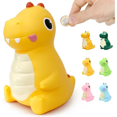 Productafbeelding van Spaarvarken dinosaurus, kinderspeelgoed, spaarvarken, PVC, nieuw, geel. Geschikt als doopcadeau