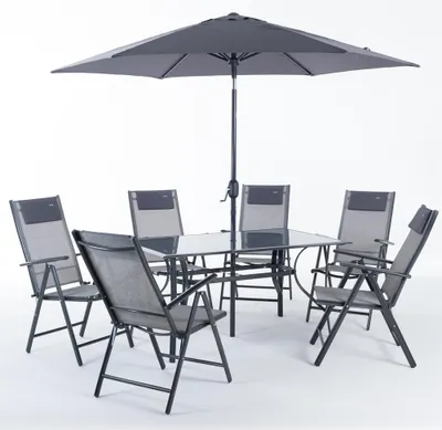 Image de Ensemble de meubles de jardin 8 pièces avec table 150×90 cm, 6 chaises réglables en textilène et parasol Ø270 cm - ensemble moderne, robuste et complet pour la terrasse et le jardin - POSITANO