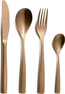 A set of four bronze-colored cutlery items arranged vertically against a white background.