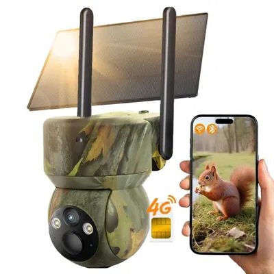 Image de Caméra de surveillance extérieure PTZ 2K 4G LTE avec carte SIM, caméra de surveillance de la faune sauvage avec détecteur de mouvement, vision nocturne, carte de 32 Go, reconnaissance des animaux, détection PIR, étanche