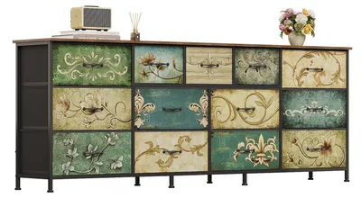Immagine prodotto di Cassettiera da 180 cm in tessuto, con 13 cassetti, dal design vintage a motivi floreali