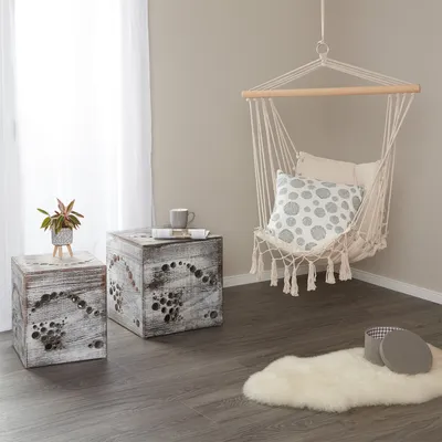 Produktbild von Homestyle4u 2er Set Hocker Beistelltisch Holz Würfel Nachttisch Grau