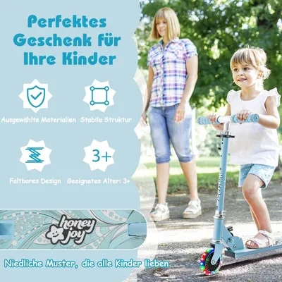 Immagine prodotto di Monopattino per bambini con ruote LED e manubrio pieghevole, regolabile in altezza, monopattino per bambini, azzurro