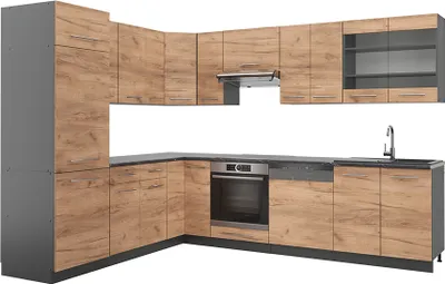 Produktbild von Eckküche Vicco Fame-Line Goldkraft Eiche/Anthrazit 287 x 46 cm ohne Arbeitsplatte, Model 38642