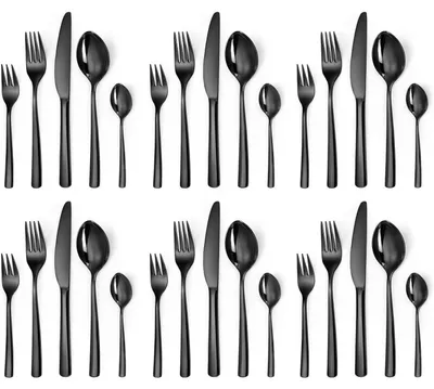 Image de Service de couverts 30 pièces pour 6 personnes, en acier inoxydable noir, compatible lave-vaisselle