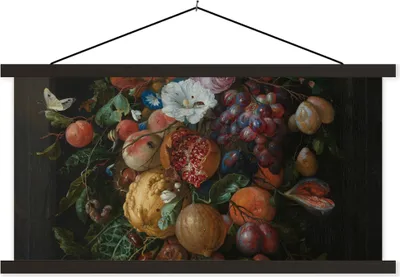 Produktbild von MuchoWow® Textilposter Früchte und Blumen - Gemälde von Jan Davidsz. de Heem 120x60 cm mit schwarzem Rahmen - Dekoration Schlafzimmer