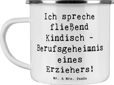 Produktbild von Mr. & Mrs. Panda Teetasse Spruch Erzieher Kindisch - Weiß - Geschenk, pädagogische Magie, Kaffeepott, Kindergarten, Berufsleben, becher emaille, Spielen, Kinder, Tasse