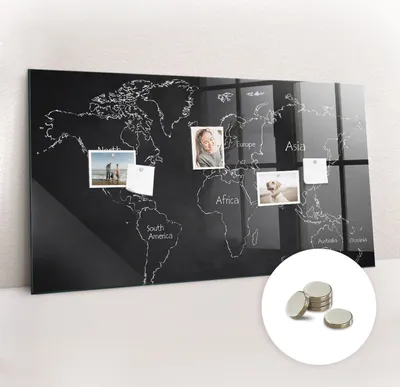 Obrázok produktu pre Magnetická tabuľa na stenu - Memo Tabuľa Sklenená - vrátane 5 magnetov - 120x60 cm - Mapa sveta krajín