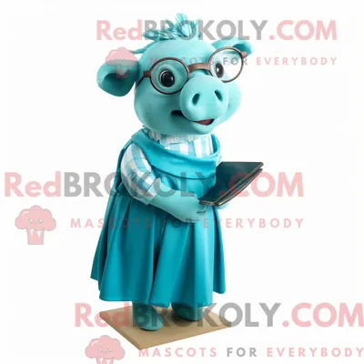 Produktbild von Maskottchenfigur REDBROKOLY einer türkisfarbenen Sau mit Wickelkleid und Lesebrille