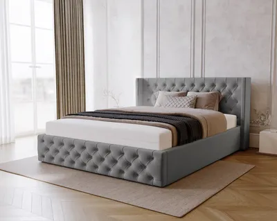Obrázek produktu pro Manželská postel 180x200 Rolia, Chesterfield, styl Glamour – čalouněná postel 180 x 200 s úložným prostorem, rošt – sametově šedá
