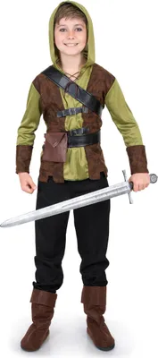 A young boy wearing a green and brown archer costume, holding a toy sword.