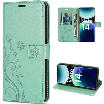 Image de Coque pour Xiaomi Redmi Note 14 Pro Plus 5G, Protection Rabat Synthécuir Vert Motif Papillon Fleur