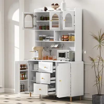 Produktbild von okwish Hochschrank Küchenschrank mit Lochbrett und Massivholzbeine,Buffetschrank mit Stauraum,Barschrank mit Schubladen für Küche und Esszimmer,Weiß