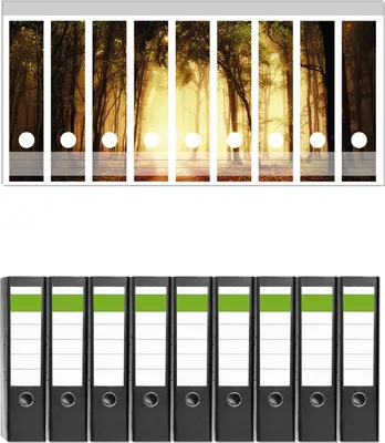 Produktbild von Wallario 9 Stück breite Ordner inkl. Klebeetiketten mit Motive Sonnenuntergang auf dem Waldweg -  Set mit Rückenschildern / Ordnerrücken Stickern