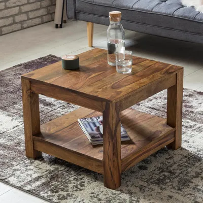 Zdjęcie produktu dla FineBuy Stolik konferencyjny z litego drewna 60x45x60 cm Stolik boczny w stylu rustykalnym | Stolik do salonu z schowkiem Elegant Mały | Ko