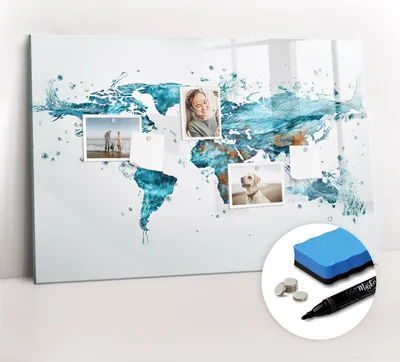 Produktbild von Magnetpinnwand Memoboard - Zubehörsatz - Schwarzer Marker + Schwamm + Magnete - 90 x 60 cm - Wasserweltkarte
