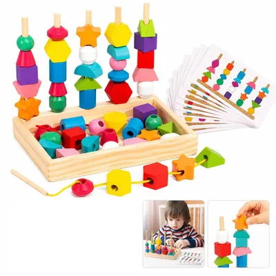 Produktbild von Holz Steckspiel Formen‑ und Farbzuordnung, Kinder Stapelspiel mit Fädelperlen, Montessori Lernspiel, Großbausteine mit Vorlagekarten, ab 3 Jahren