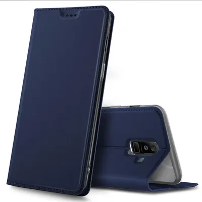 A dark blue flip case for a smartphone is shown in two positions. One is standing upright, and the other is lying down, showing the camera cutout.